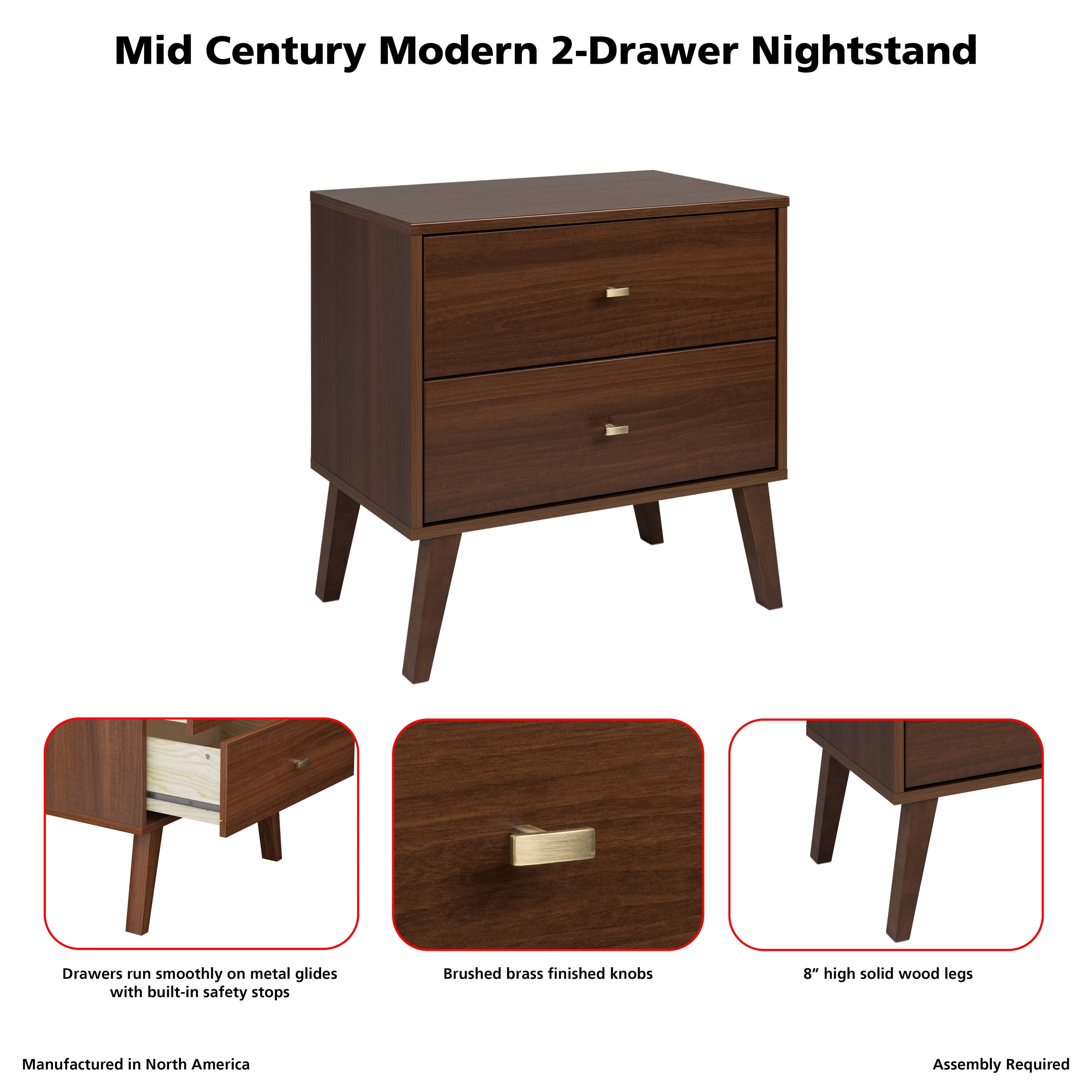Prepac Milo Mid-Century Modern 2-Drawer Nightstand, 16"D x 25"W x 25"H, Cherry