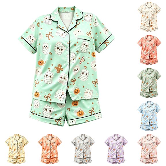 RUTAYY Girls Pajama Set Short Sleeve Top and Shorts Halloween Ghost Cat Pumpkin Graphic Comfortable Nightwear Light Green