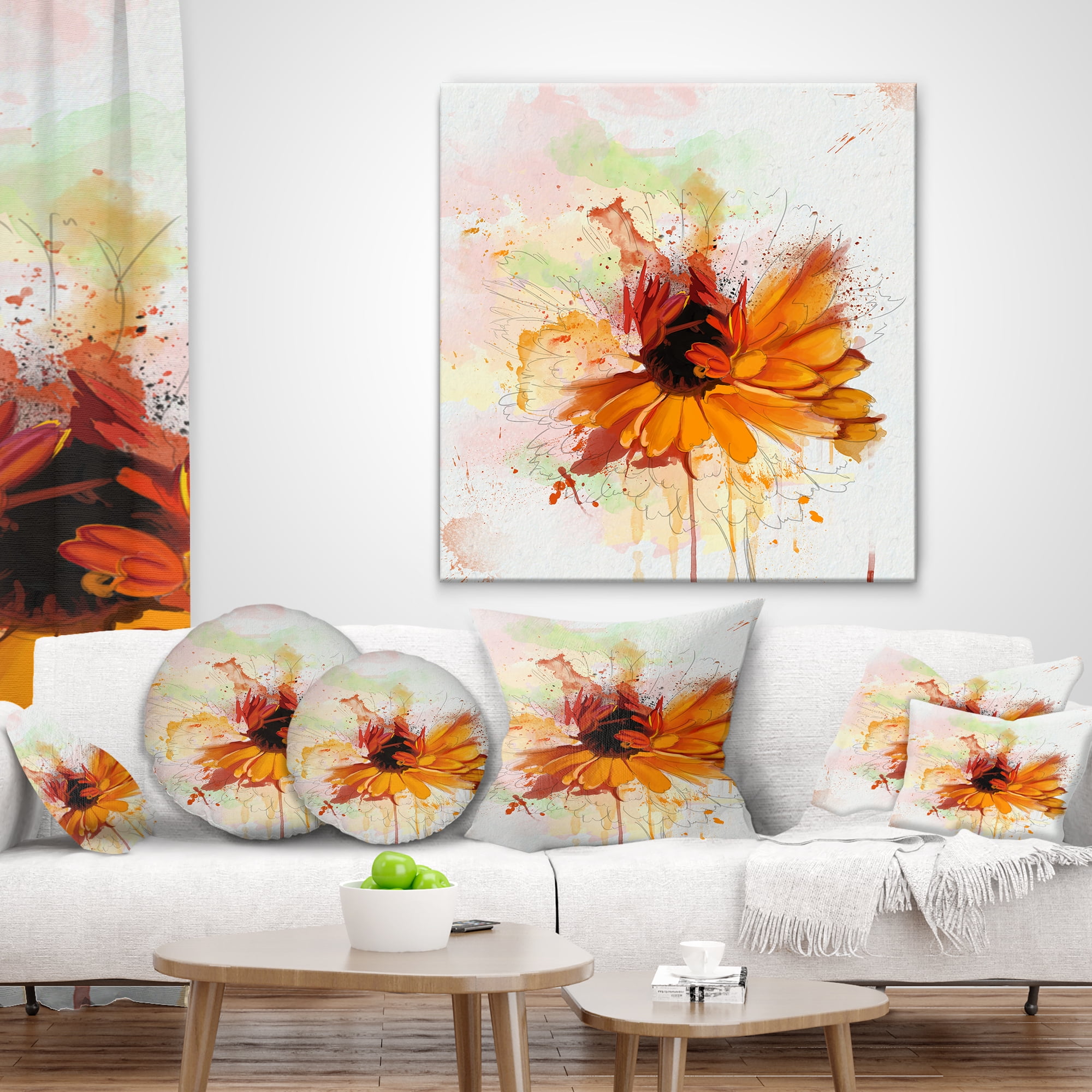 Designart Sunflower Drawing with Paint Splashes - Floral Throw Pillow - 12x20