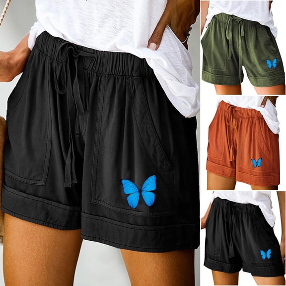 Trendfront Women's Plus Size High Waisted Butterfly Embroidery Shorts Elastic Tie Waist with Pockets Casual Summer Shorts
