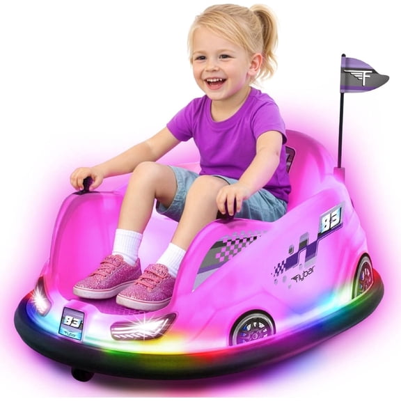 Flybar 12V Glow Bumper Car Ride On Toy with 360° Spins, Multi-Color LED Lights, Max Weight of 100lbs, Age 4-9yrs, Pink