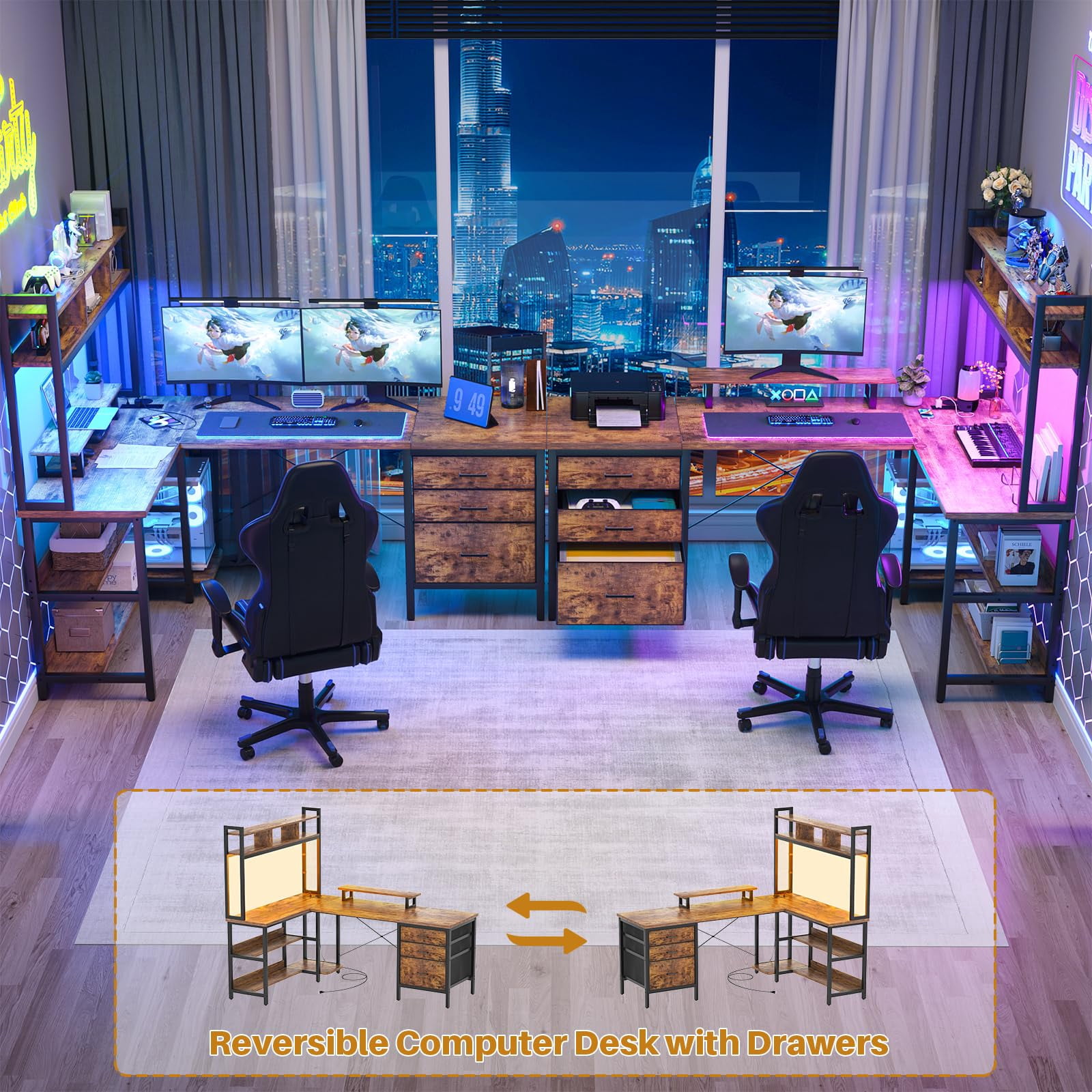 Homieasy L Shaped Desk with Hutch, Gaming Desk with Led Lights, Reversible Computer Desk with Power Outlet, Corner Desk with File Drawer & Monitor Stand, Storage Shelves for Home Office, Rustic Brown