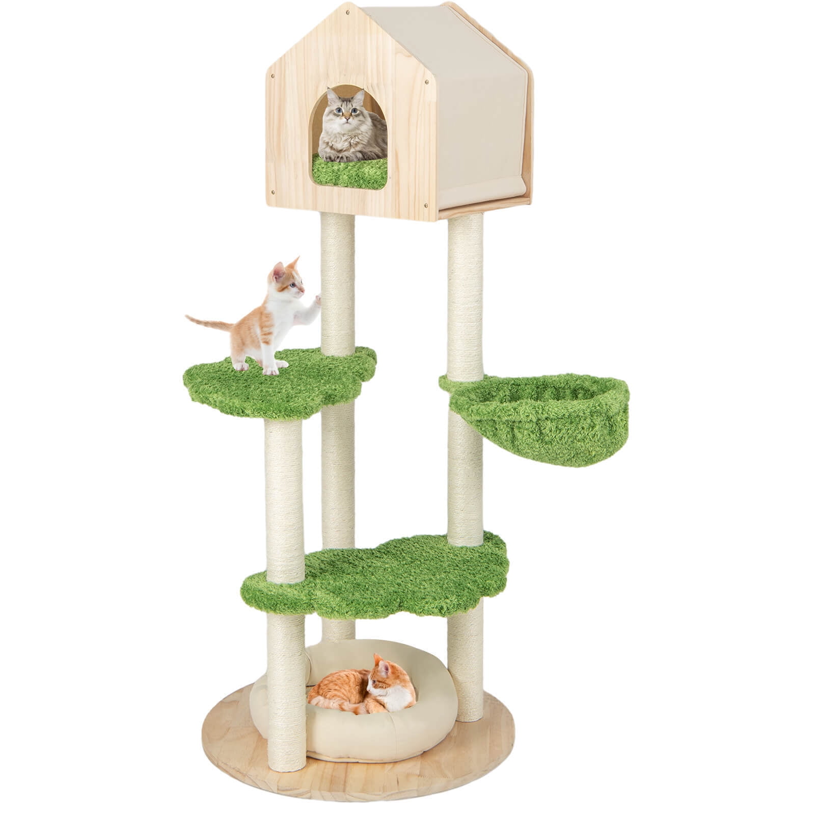 Amijoy Wooden Cat Tree, 55" Tall Cat Climbing Stand w/ Sisal Scratching Posts, Pine Wood Top Condo, Soft Cat Bed, Hammock