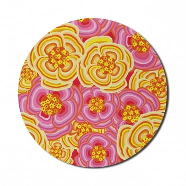 Floral Mouse Pad for Computers, Funky Vibrant Colored Flower Burst Little Daisies Bouquet Abstract Artwork, Round Non-Slip Thick Rubber Modern Mousepad, 8" Round, Yellow Pink Orange, by Ambesonne