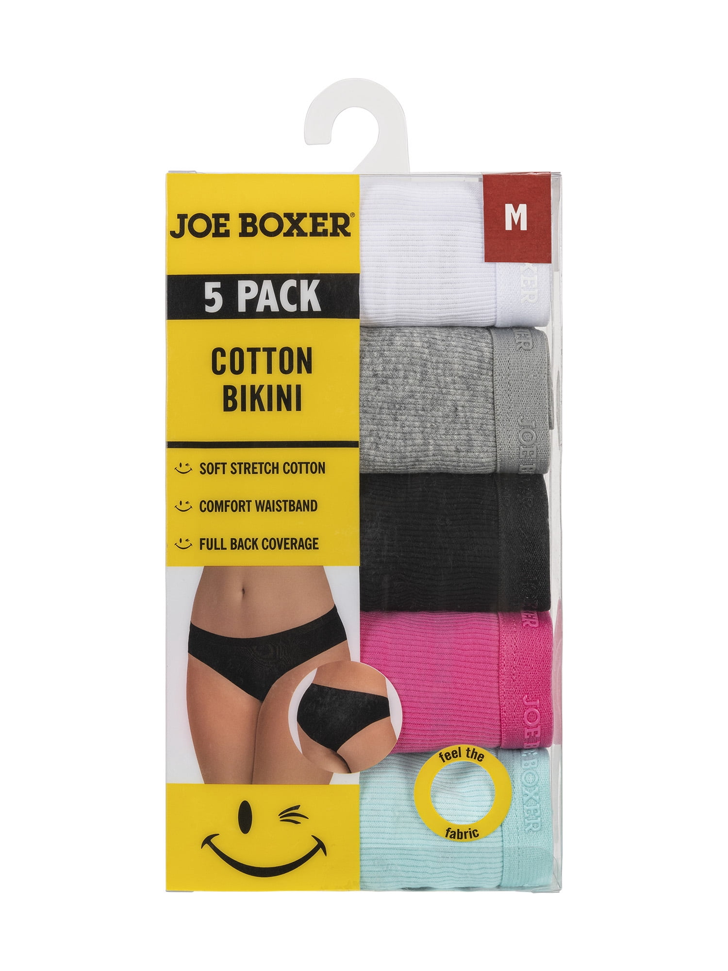 Joe Boxer Women's Ribbed Cotton Spandex Bikini Panty Underwear with Logo Waistband, 5-pack, Sizes S-XXXL