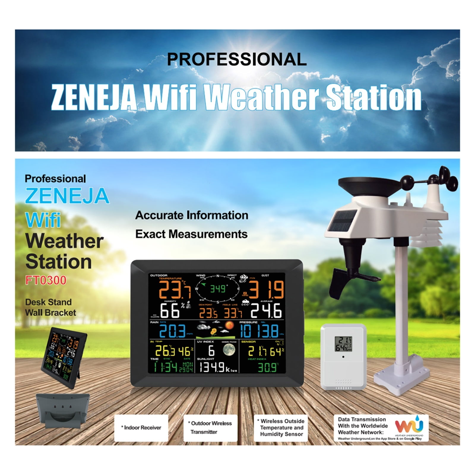 Weather Station Digital Alarm Wall Clock Indoor 2pcs Outdoor Humidity Pressure Anemometer Rain Gauge ,Easy to Install