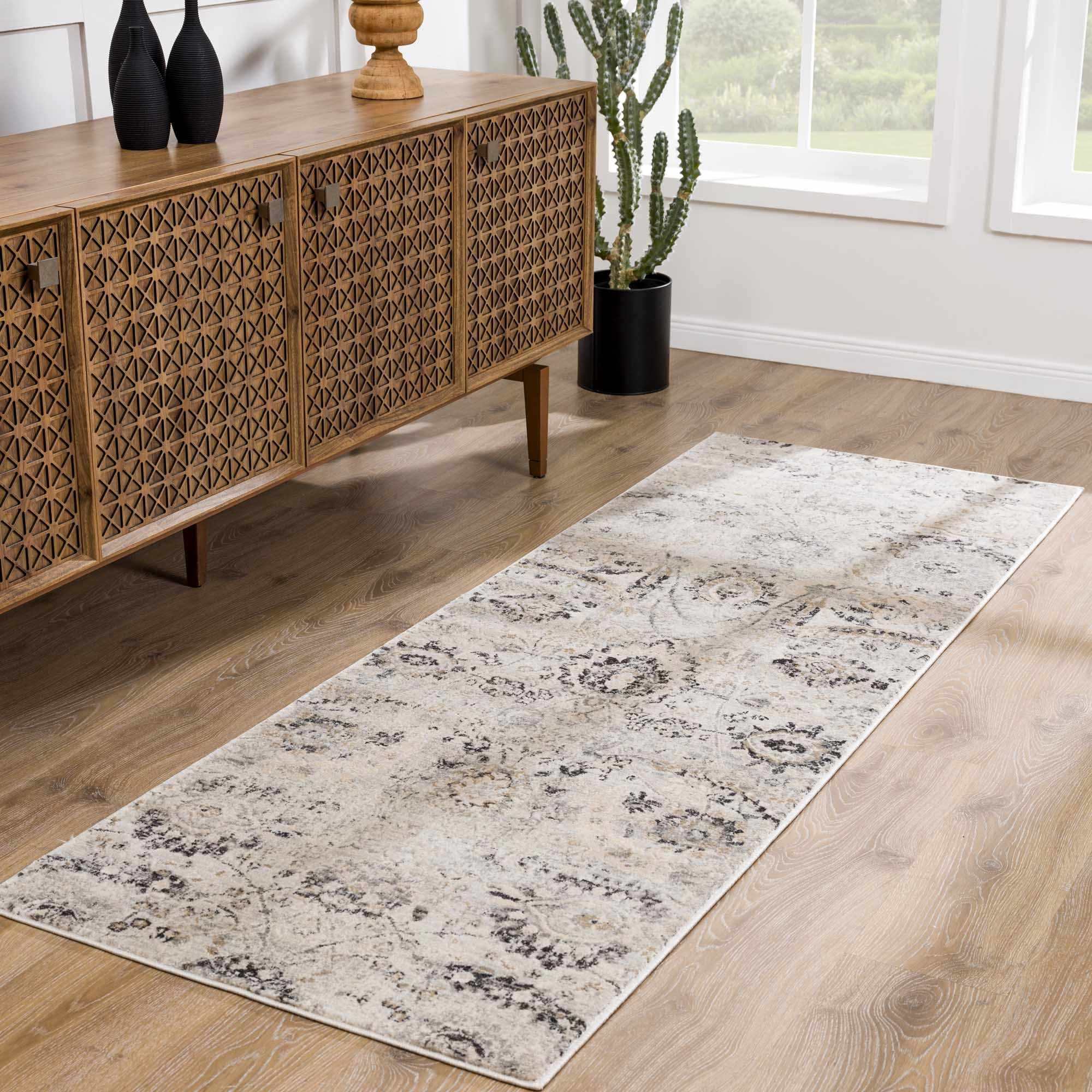 Hauteloom Cori Rustic Farmhouse Traditional Floral Medallion Carpet for Living Room, Bedroom - Boho Vintage Oriental Damask Area Rug - Grey, Black, Light Brown, Cream - 6'7" x 9' (6x9)