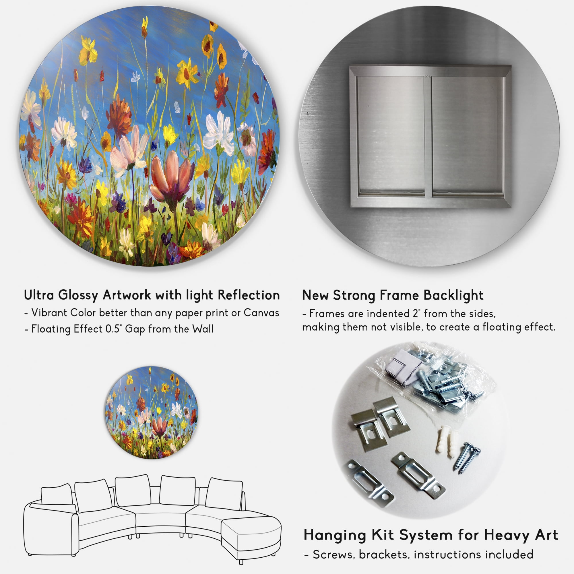 Designart 'Wildflowers and Daisies In Summer Garden Field II' Traditional Circle Metal Wall Art 36x36 - Disc of 36