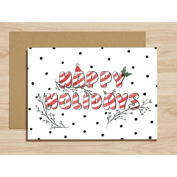 Happy Holidays Greeting Card – Festive Red and Green Design with Sprigs – Cute Card for Christmas, Winter Celebrations, and Seasonal Greetings – Envelope Included