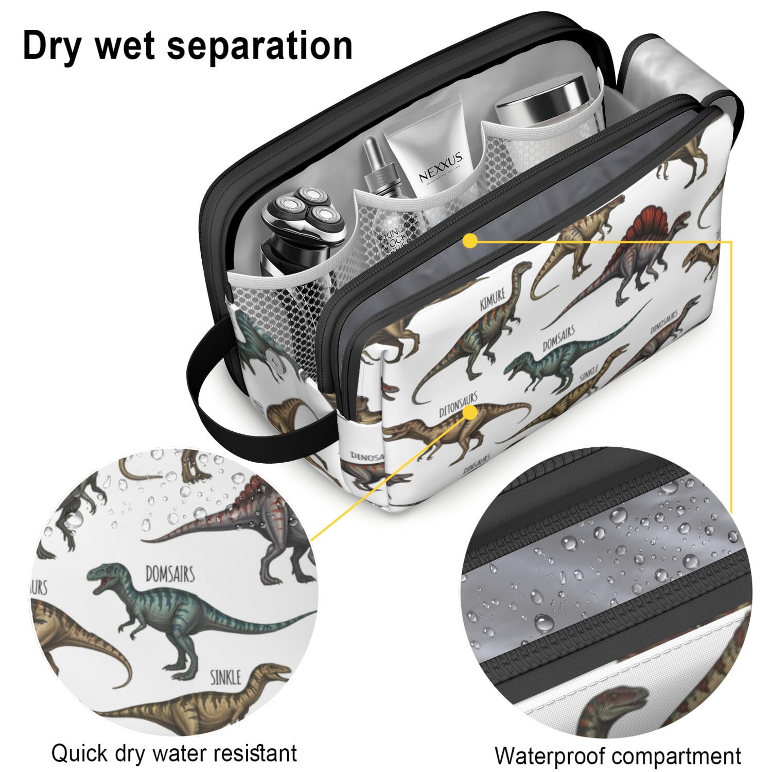 Toiletries Bag,Cartoon Dinosaurs Names Pattern Mens Womens Toiletry Bag Bathroom Bag,Waterproof Toiletry Travel Bag Dopp Kit Shaving Bag 11x6.3x5.1 Inch