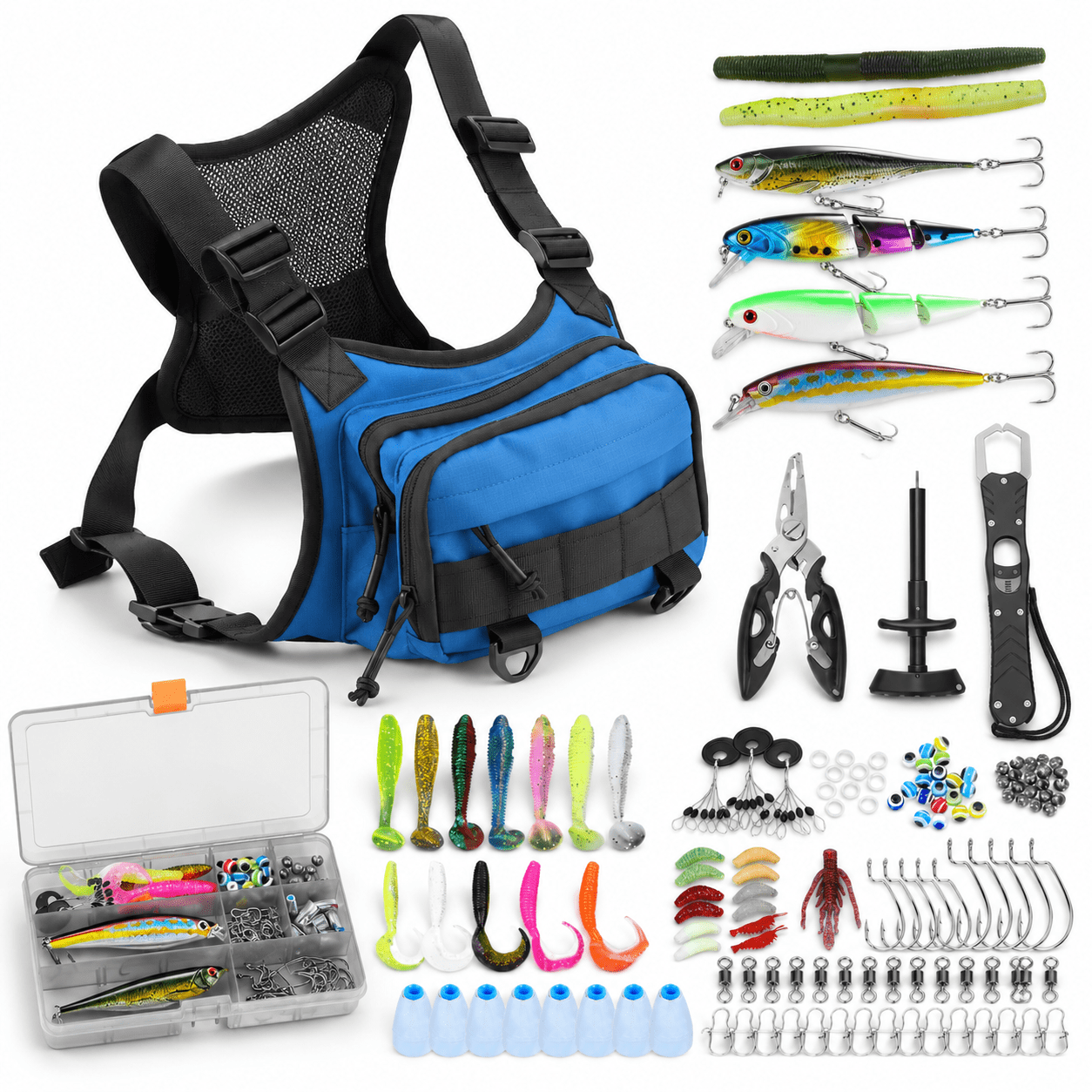 Blue All In One Fishing Chest Pack Tackle Bag With Lures Kit