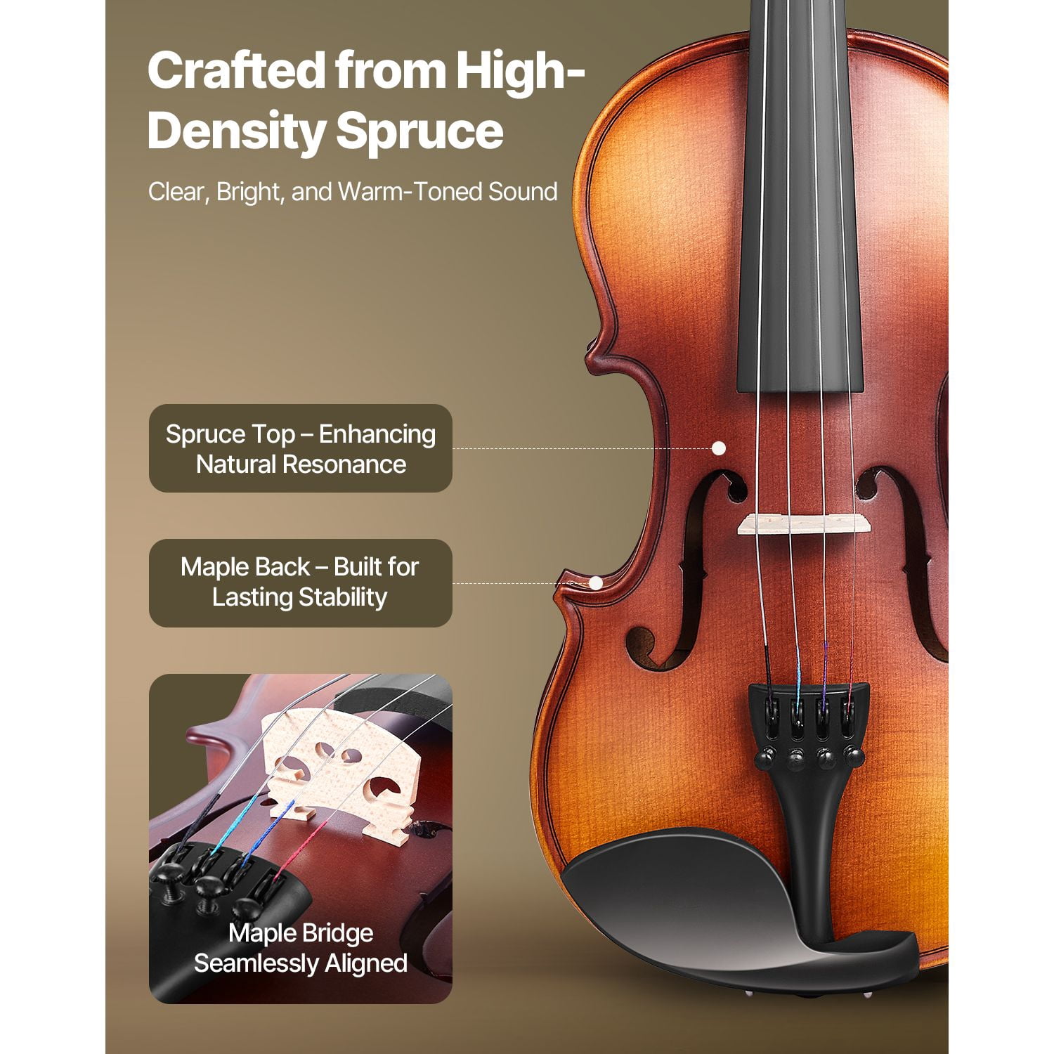 Dranite Professional 1/4 Size Solid Wood Violin Set for Beginners - Includes Protective Case & Rosin (Classic Brown)