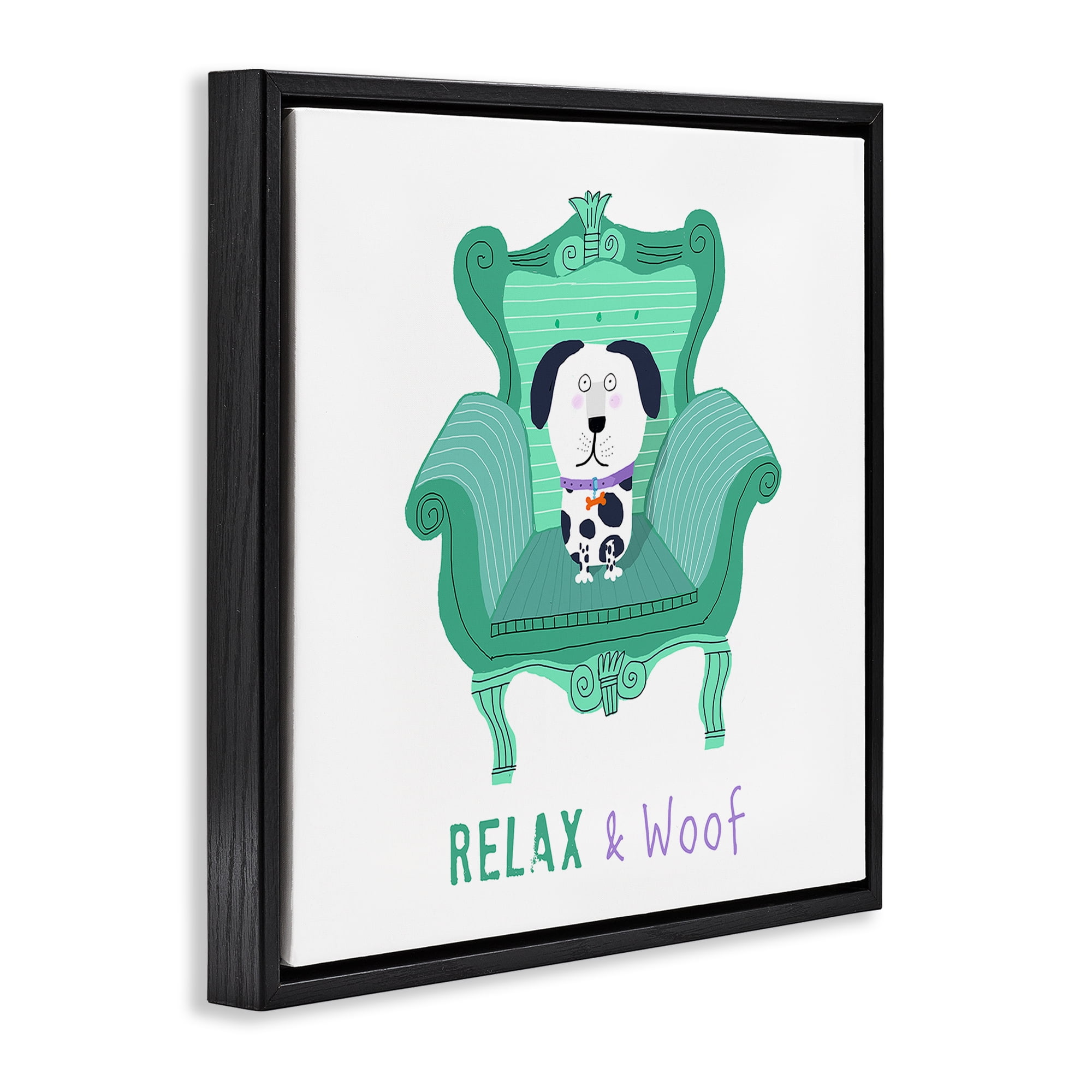 Stupell Industries Relax & Woof Cat Furniture Painting Black Floater Framed Canvas Art Print Wall Art, 25 x 25