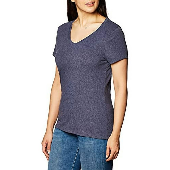 Hanes Women's X-Temp Short Sleeve V-Neck Tee with FreshIQ, Navy Triblend, Large