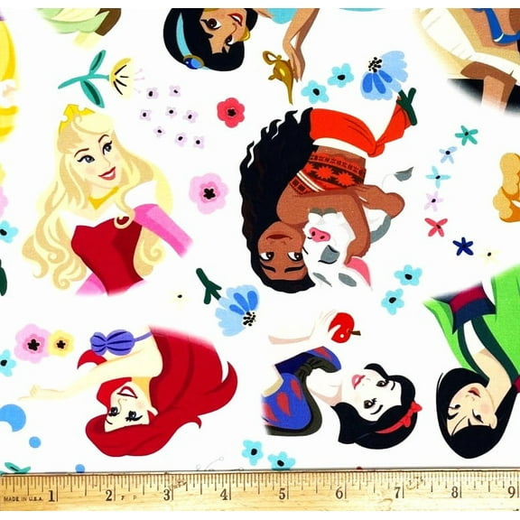 1 Fat Quarter - Disney Princess Toss on White Cotton Fabric - 21" X 18"