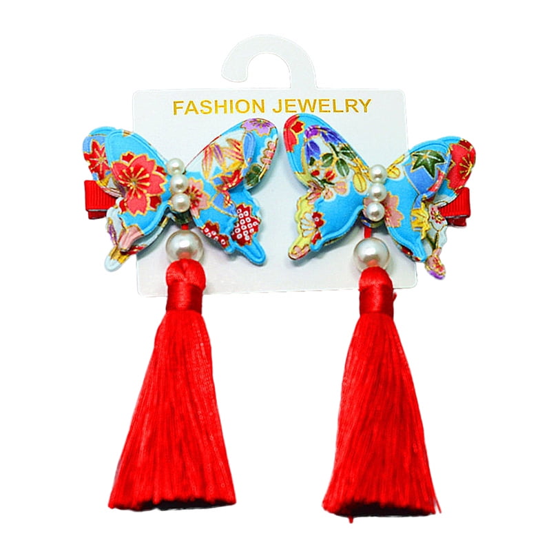 MOREFUN Baby Girls Chinese Style Hairy Furry Flower Tassels Hair Clips Barrettes For Kids Festival