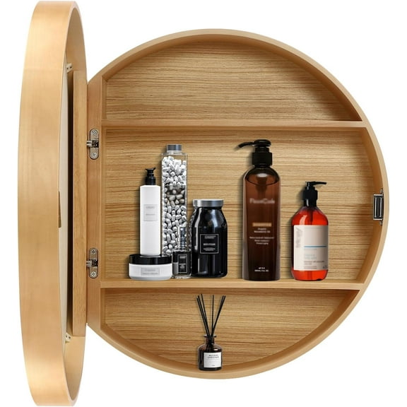 Wood Medicine Cabinet Wall Mount Bathroom Mirror Cabinet with Storage 19.68 inch Round Medicine Cabinet with Mirror Rustic Wooden Mirror Medicine Cabinet for Home Hotel Bathroom (Wood Color)