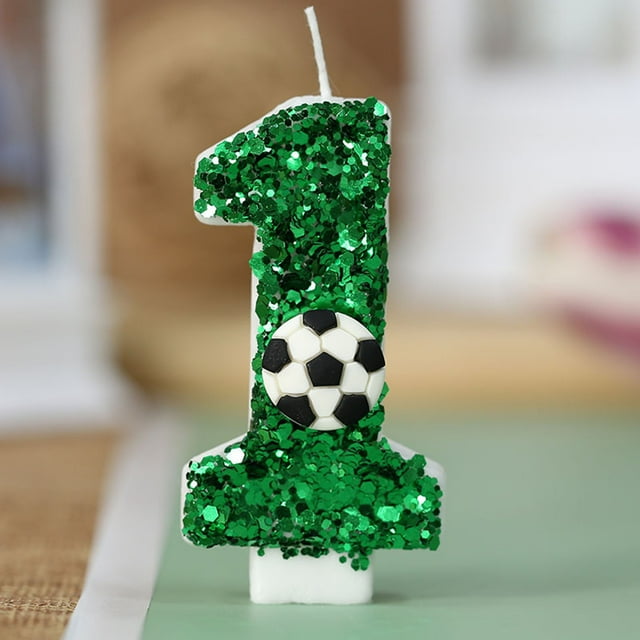 Vela de cumpleaños con flores artificiales de fútbol, decoración para tarta de fútbol de 9.º cumpleaños, velas de nueve años con purpurina verde y número 9 para cupcakes, decoración para fiestas de cu