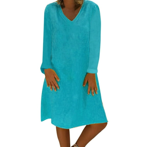 Black and Friday Deals 2023 Clearance under $5 asdoklhq Woman Clothes Clearance, Women Casual V-Neck Solid Long Sleeve Cotton Linen Dress