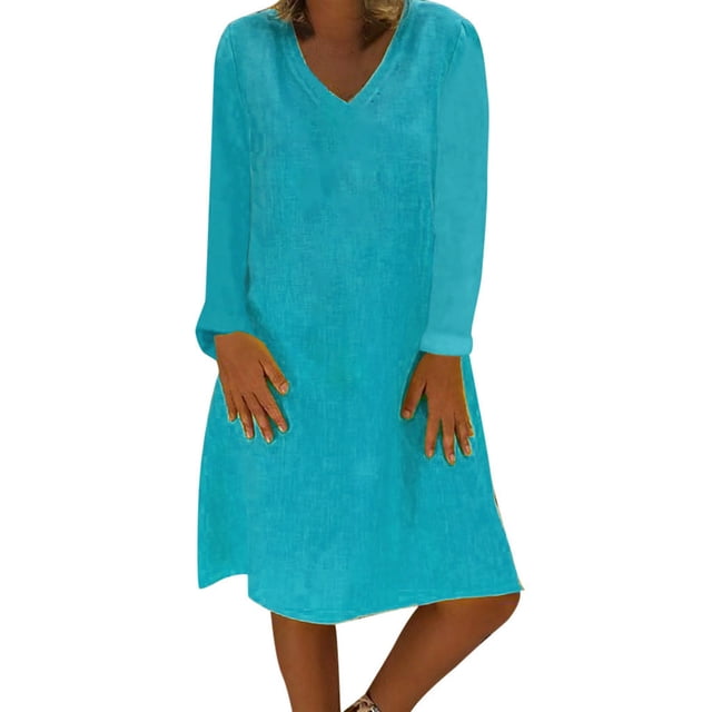 Vestidos Para Mujer Vestidos de Otoño Vestido de Lino de Algodón de Manga Larga Con Cuello en V Informal A La Moda Odeerbi ODB131666