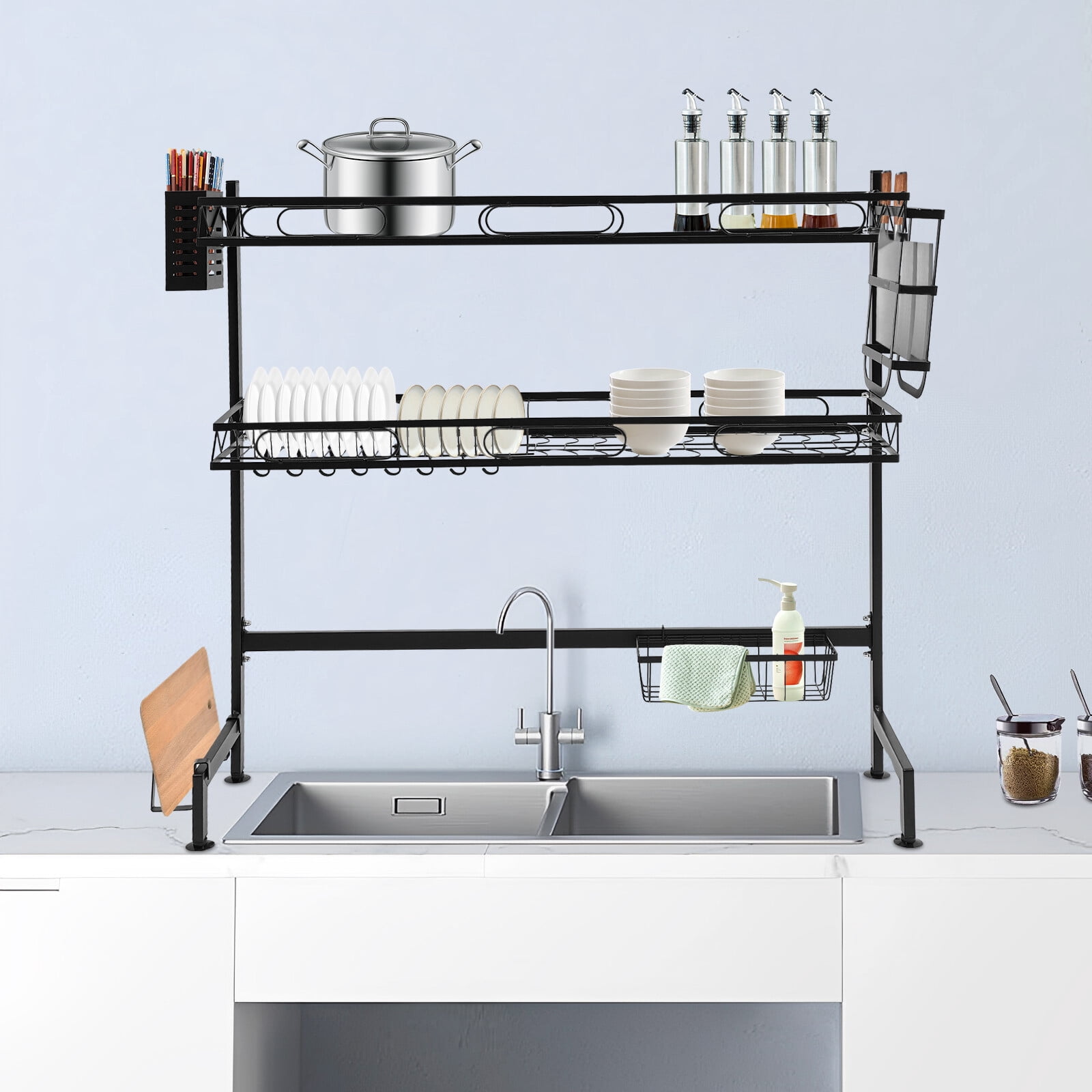 2-Tier Over Sink Dish Drying Rack – Heavy Duty Carbon Steel Kitchen Organizer with Adjustable Anti-Slip Feet, High Guardrail & Multi-Basket Storage, Black