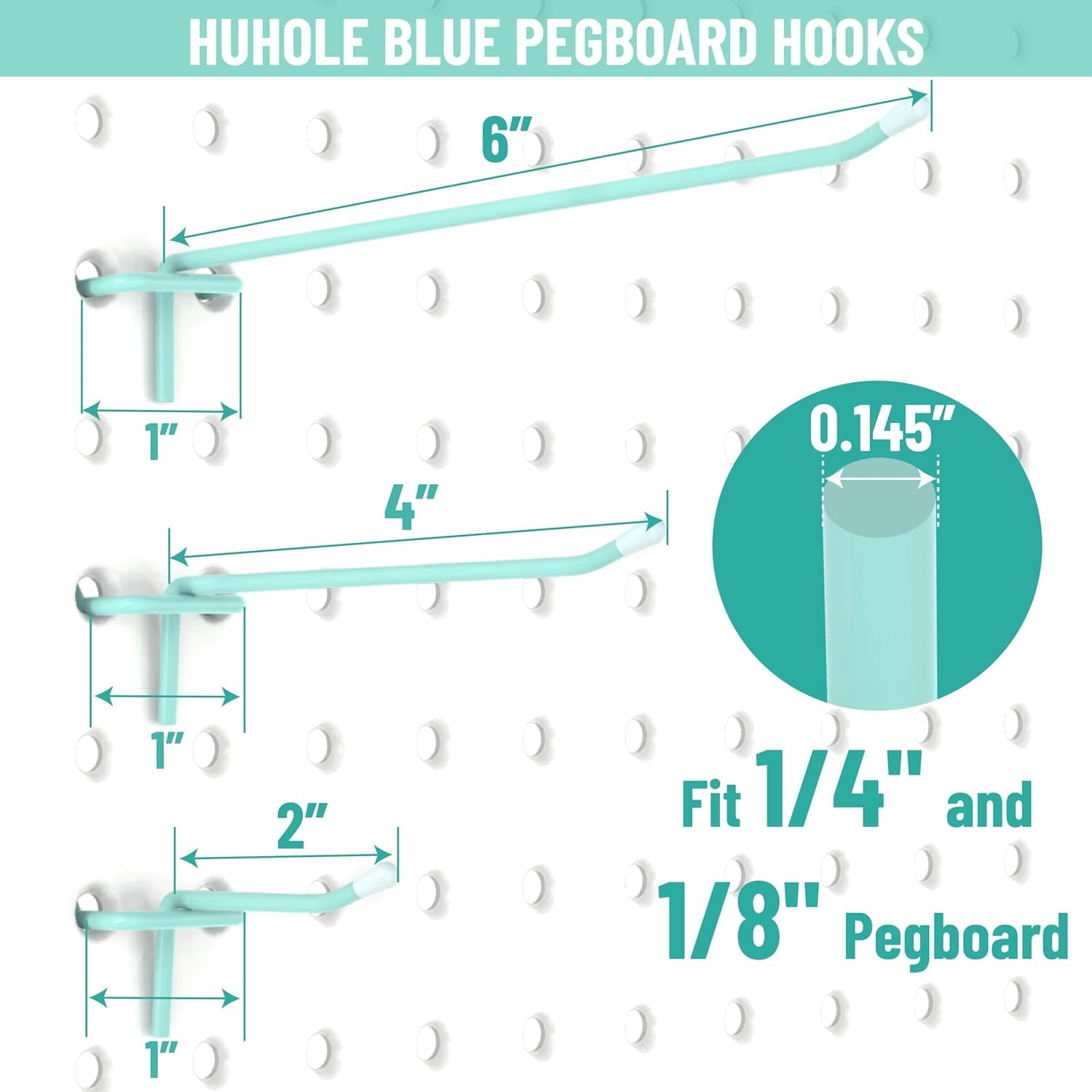 JJEAN-50-Pack Blue Pegboard Hooks 2 Inch, Decorative Metal Peg Board Hangers with Rubber Safety Tips, Fits 1/8" & 1/4" Boards, Heavy Duty Organizer for Craft Room, Nursery, Garage & Retail Display
