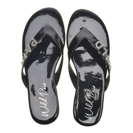 WILD PAIR Womens Black Rhinestone Fantasia Round Toe Slip On Thong Sandals Shoes 8 M