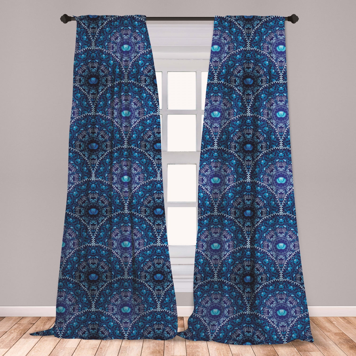 Navy Blue Curtains 2 Panels Set, Circular and Floral Alike Oriental