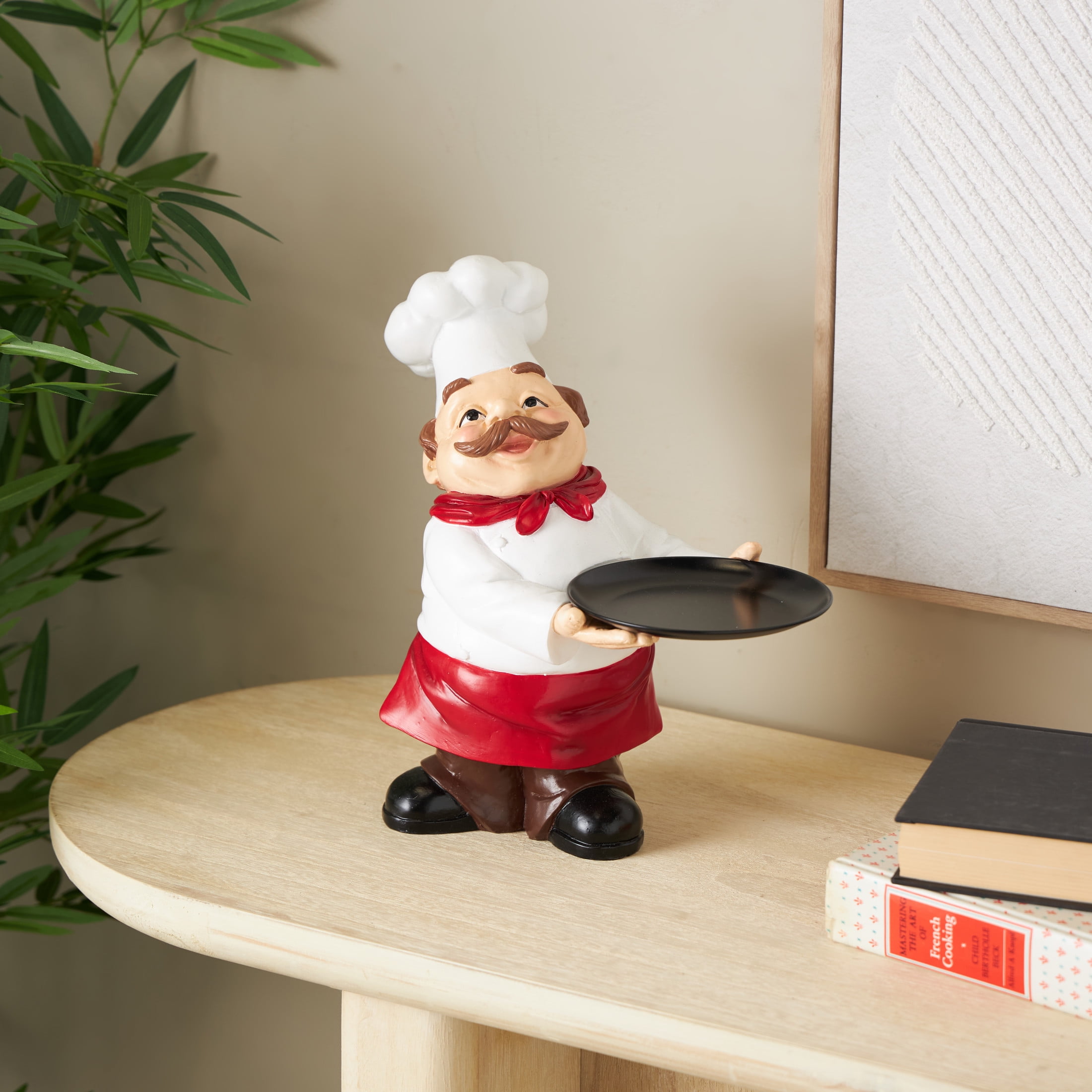 12" x 12" White Polystone Kitchen Decorative Figurine Chef Sculpture with Black Tray, by DecMode