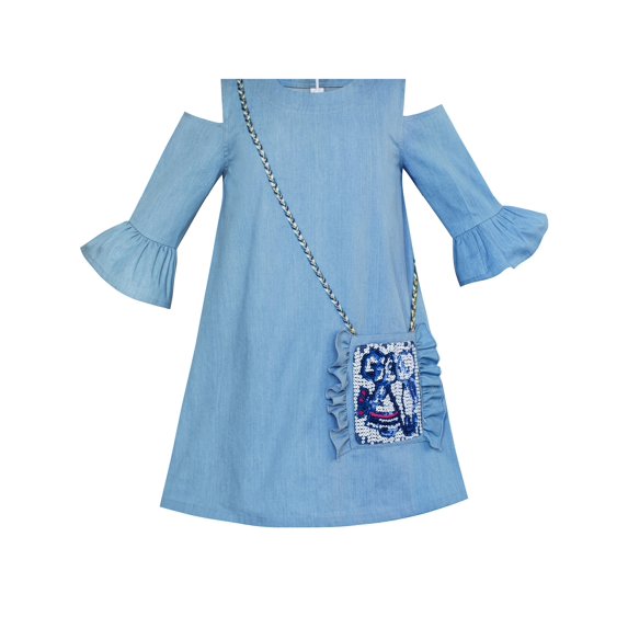 Girls Cold Shoulder Dress Denim Blue Cowboy 3/4 Sleeve 6