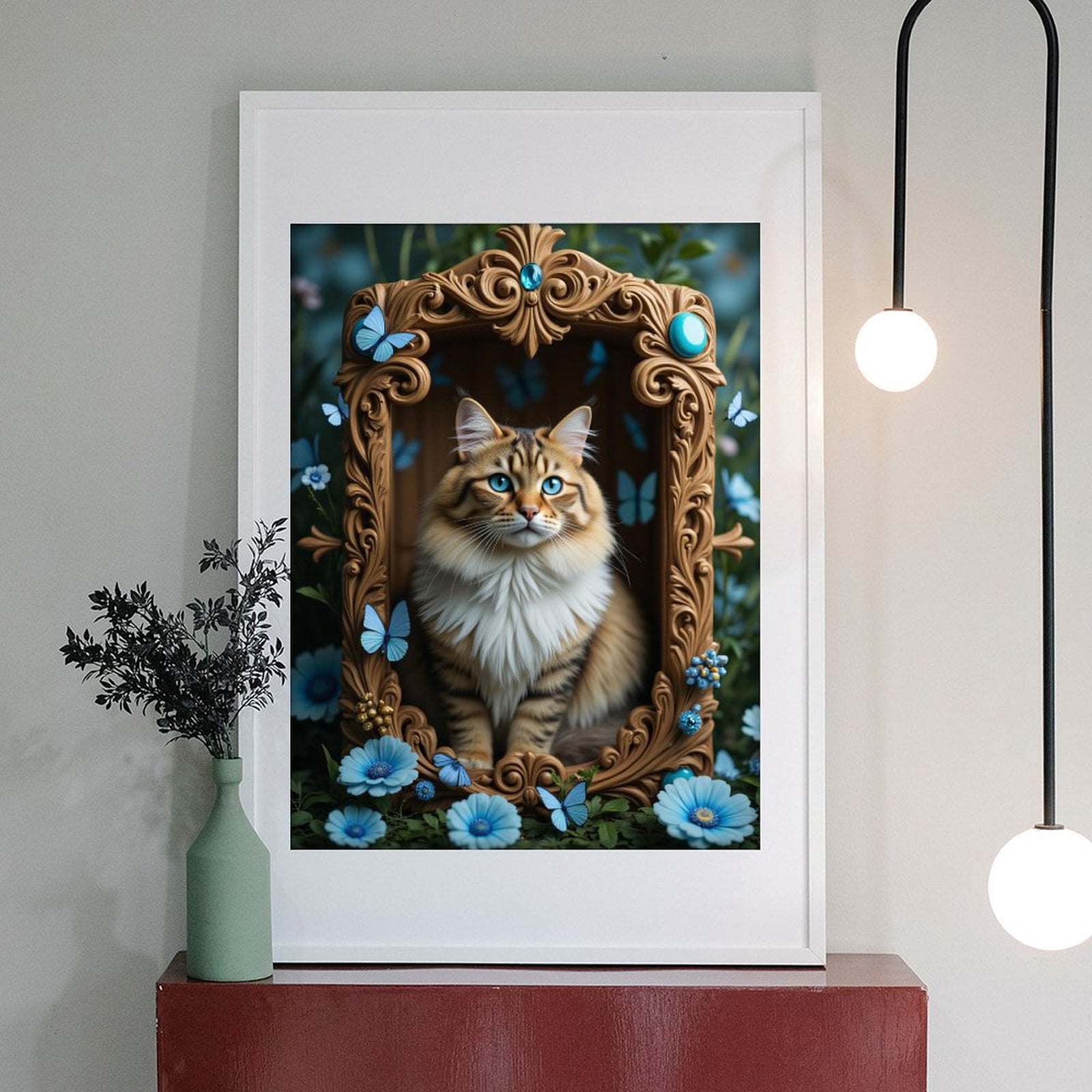 Diamond Art Kit for Adults, Blue Butterflies Framed Cat Scenery Diamond Painting for Adults Beginners, 5D DIY Diamond Art Painting Kits, Colorful Diamond Painting Craft for Home Decor 12x16