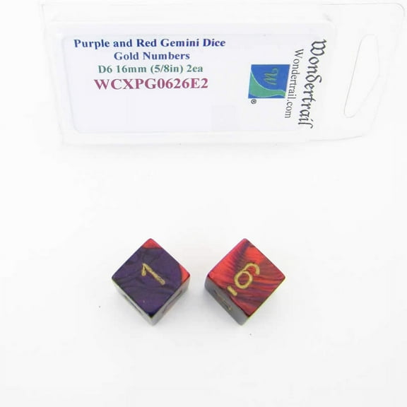 Purple and Red Gemini Dice with Gold Numbers D6 Aprox 16mm (5/8in) Pack of 2 Wondertrail