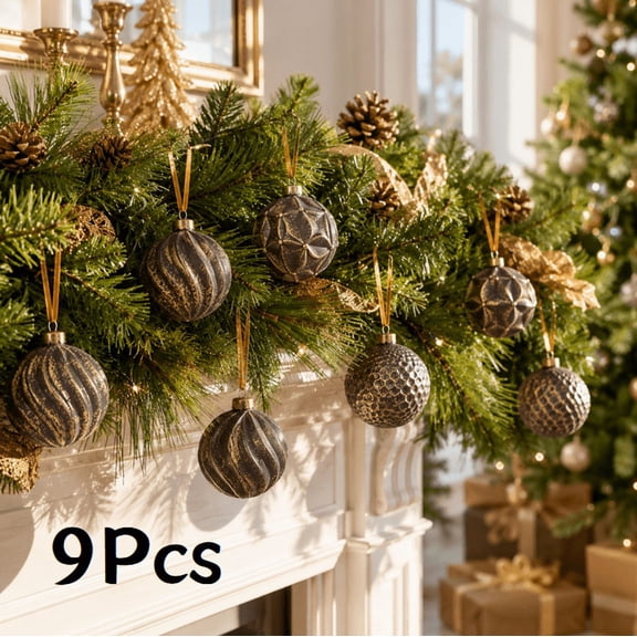 Distressed Antique Gold Christmas Baubles 9 Pack - Retro Textured Swirl Flower Hammered Christmas Ball Ornaments, Shatterproof Vintage Hanging Decor for Xmas Tree, Fireplace Mantel Garland