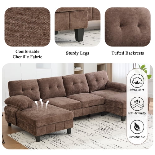 MOONMISS U-shaped Sectional Sofa 103.5" Chenille Fabric Couch with Dual Chaise Lounges, Storage Pockets and Armrest Pillows for Living Room,Brown