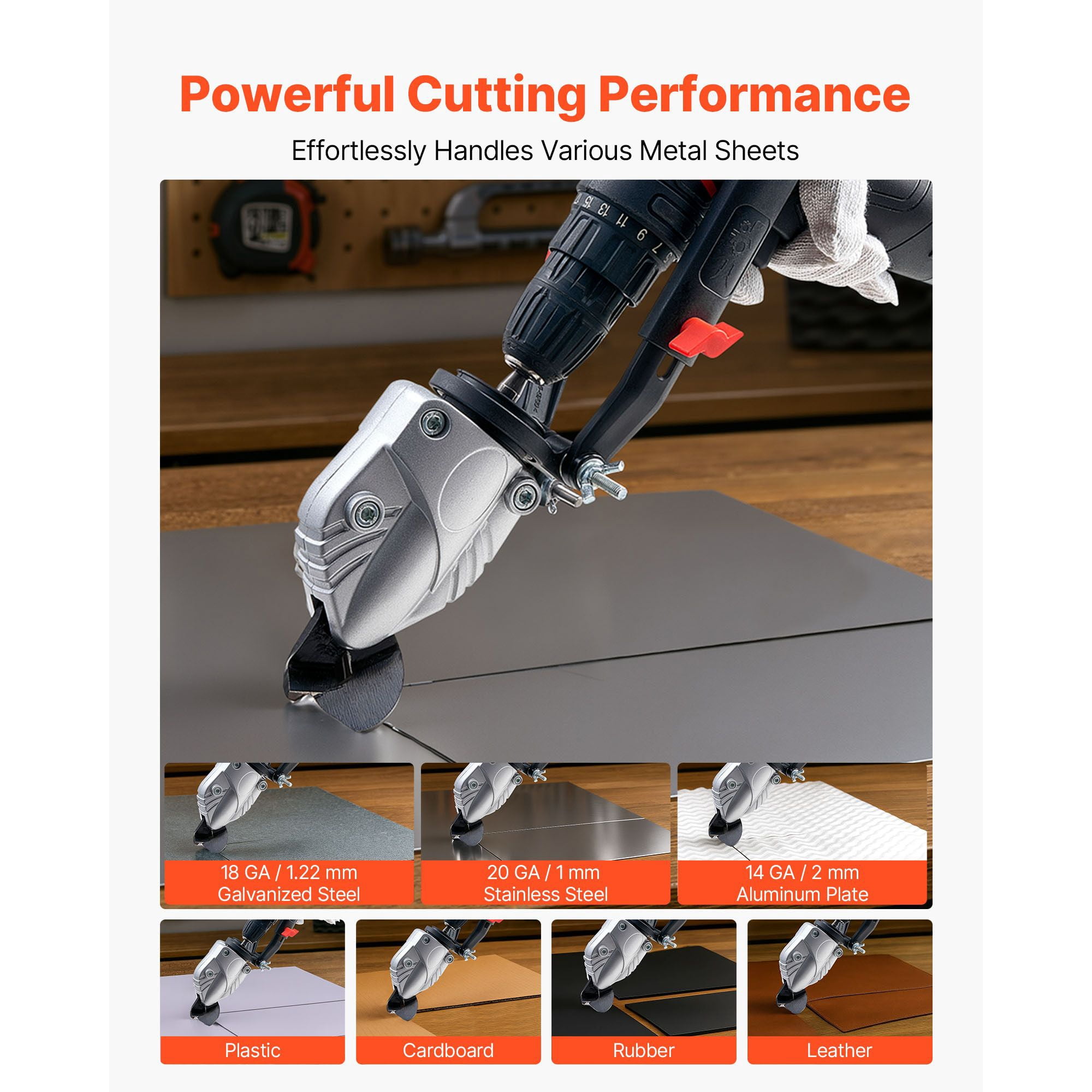 Metal Shear Drill Attachment, Cuts 18GA Steel and 14GA Aluminum, 360° Rotating Blade, 1/4" Hex Shank, Compatible with 18V-20V Drills for Straight and Curve Cutting