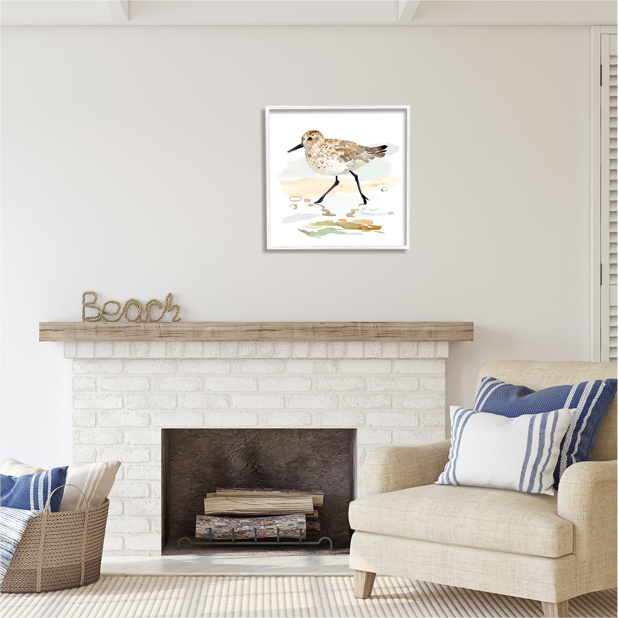 Stupell Industries Sandpiper Stepping on Shore Animals & Insects Painting White Framed Art Print Wall Art, 24 x 24