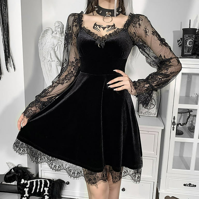 Winter Savings Clearance! Xisheep Women Goth Dresses Vintage Lace Long  Sleeve Off-shoulder Lace Patchwork Corset Dress Prom Dresses Gothic Clothes  for Women Halloween Cosplay Party Costumes 