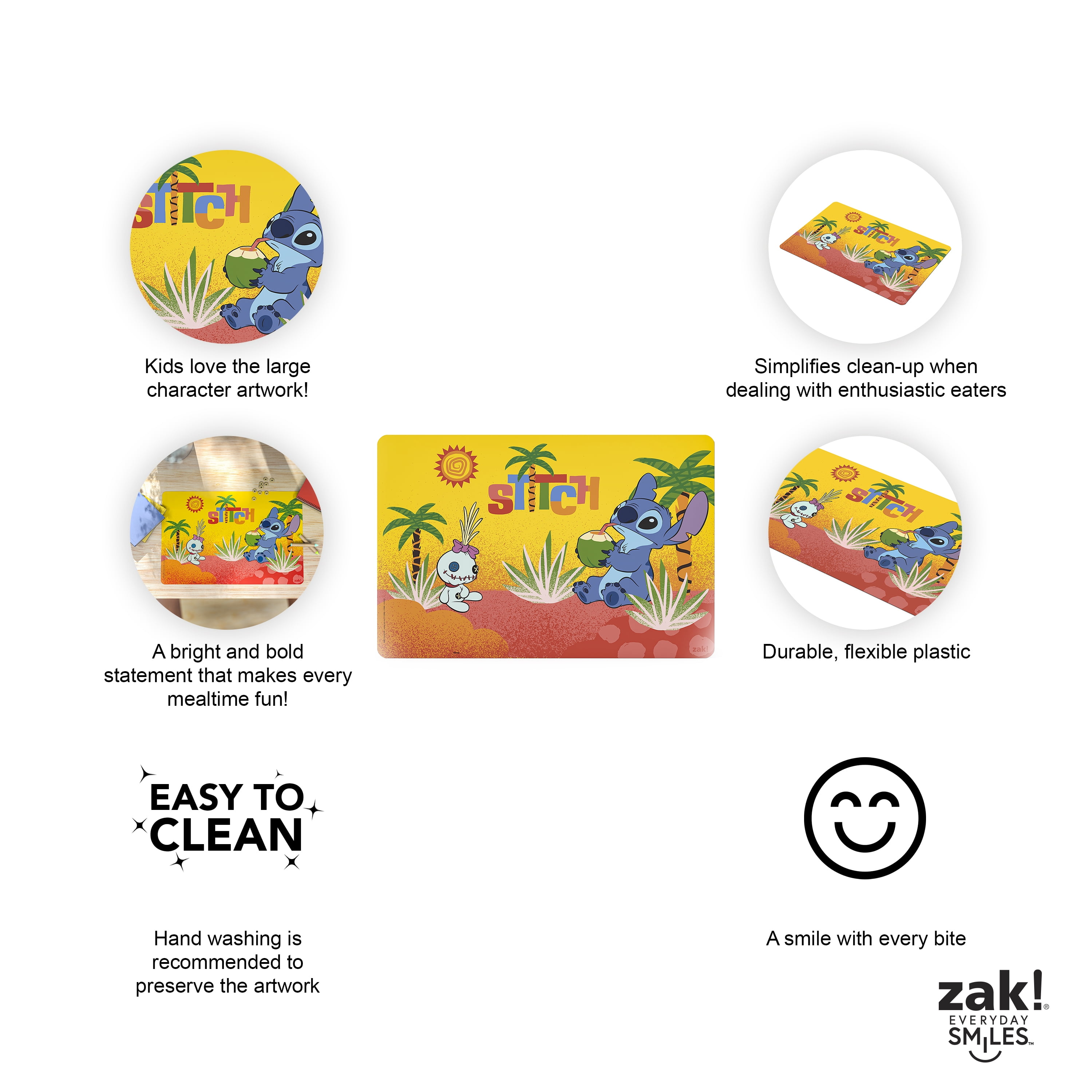 Zak Designs 11.8" x 17.6" Stitch Reusable Kids Plastic Placemat, Disney Stitch