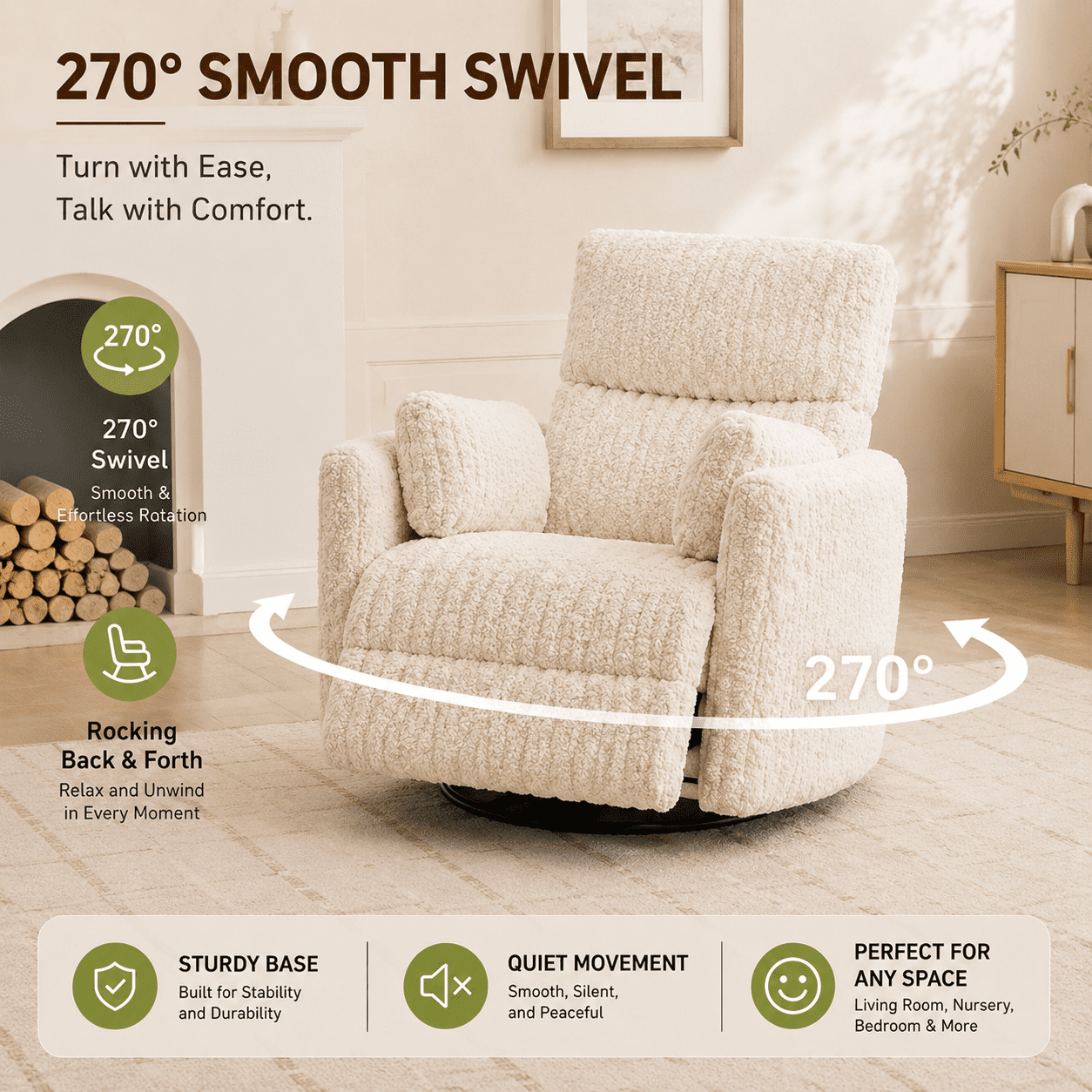 Adult Sherpa Nursery Power Swivel and USB Charging Recliners with 2 Removable Pillows, Beige