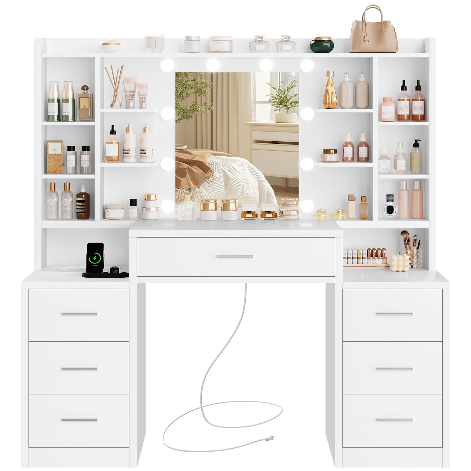 TEENFON 47.2”Vanity Set with Mirror & Lights, Makeup Vanity Desk with 7 Drawers and 8 storage shelves, Vanity Table with Power Outlet, For Bedroom, White