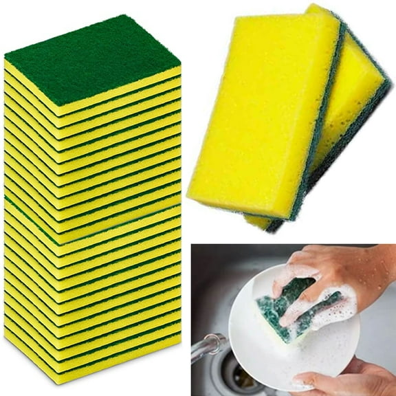 Lot of 24 Yellow Sponge Green Scrubber Scrub Scourer for Wash Clean Dish Kitchen