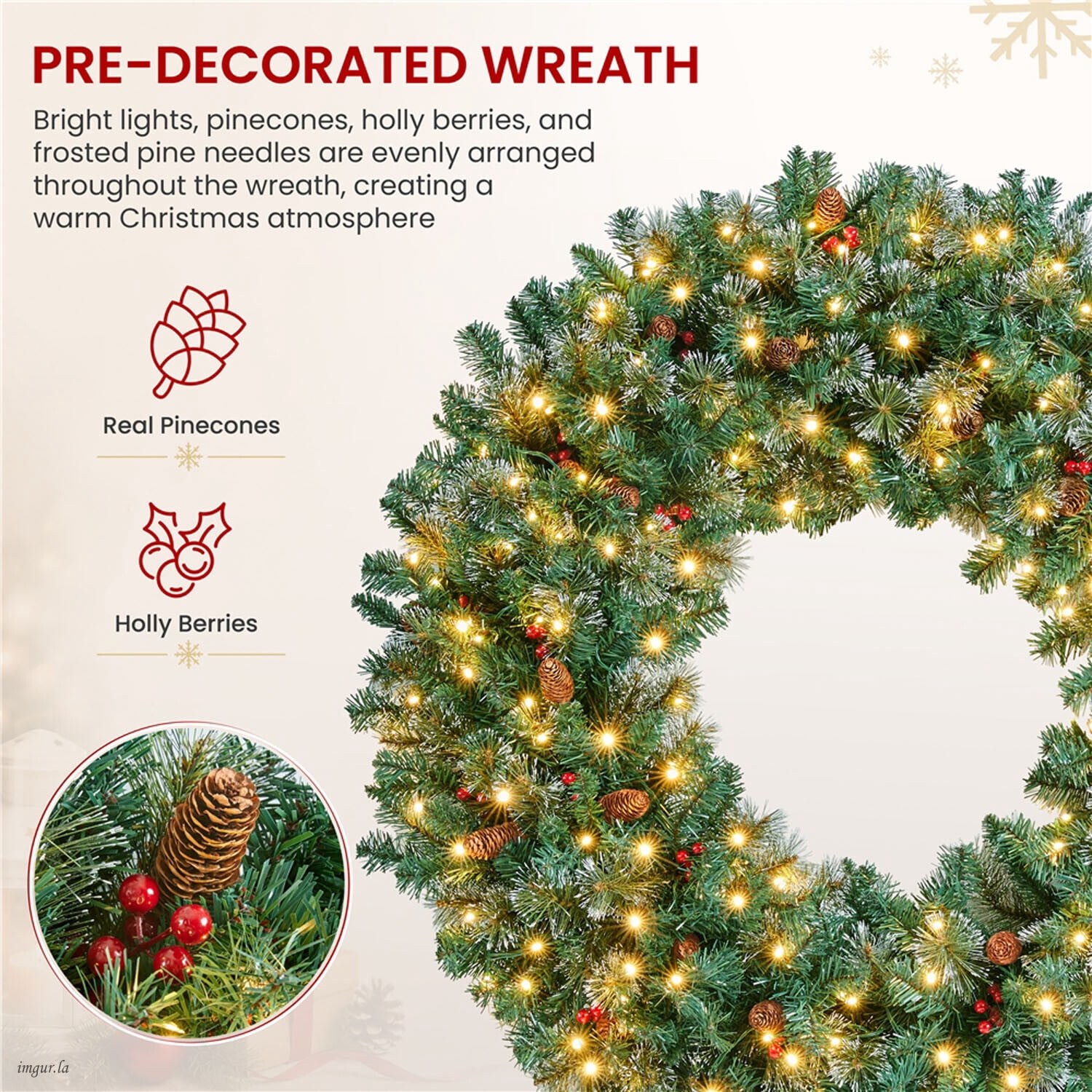 Alden Design 48 inch Artificial Pre-lit Frosted Christmas Wreath with Bowknot & Pinecones & Holly Berries & LED Lights, Green