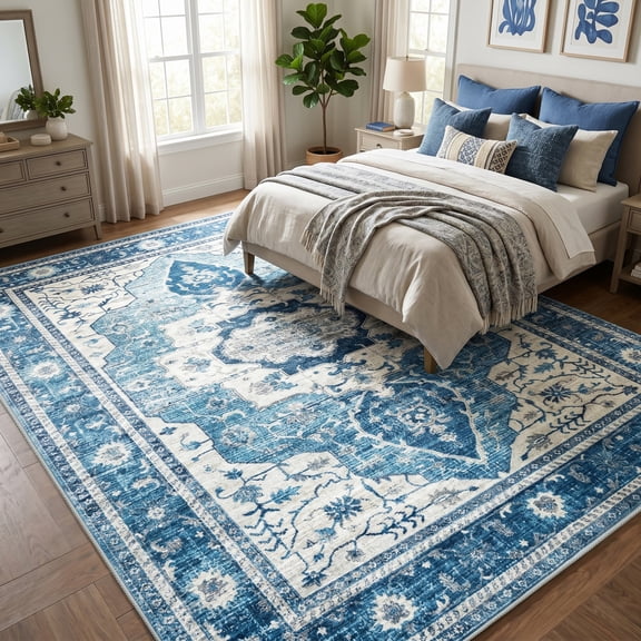 WANLISELL 8'x10' Washable Area Rugs, Large Living Room Bedroom Rug, Soft Boho Vintage Carpets for Dining Room Home Office Indoor Floor, Non-Slip & Low-Pile, Blue
