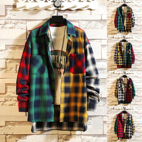 Joernso Men Spring Shirt Colorblock Plaid Print Single-breasted Loose Long Sleeve Lapel Buttons Streetwear Casual Cardigan Shirt Coat