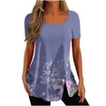 thumbnail image 2 of Hauts d'Été Grande Taille pour Femmes Mode Décontractée Imprimée Col Carré Manches Courtes Boutons Hauts Blouses Amples Col en V T-Shirt Femmes en Solde, 2 of 5