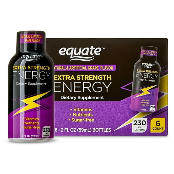 Equate Extra Strength Energy Dietary Supplement, Caffeine 230mg, Grape Flavor, 6 Pack