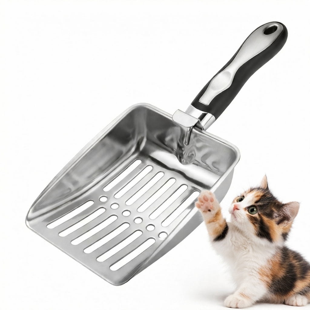 Cat Litter Scoop with Hooks, Heavy Duty Metal Litter Scoop, Stainless Steel Scoop for Cats, Silver