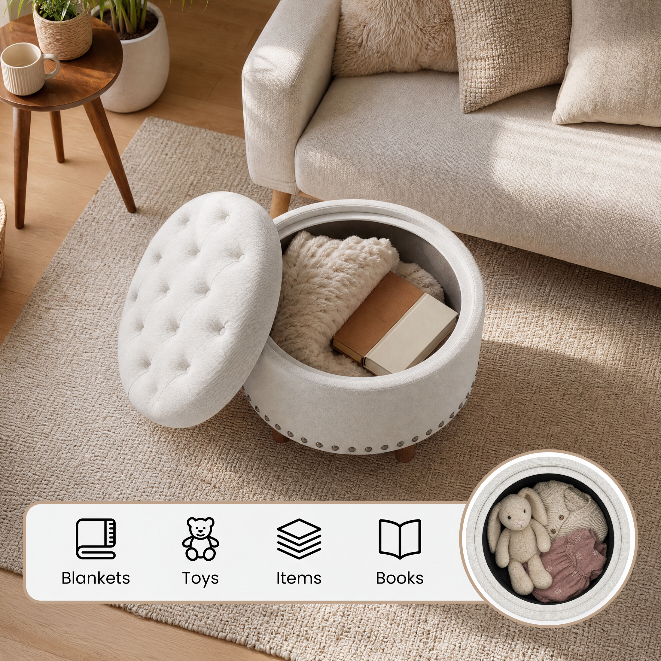 AFO Round Storage Ottoman with Tray, Beige Upholstered photo 6