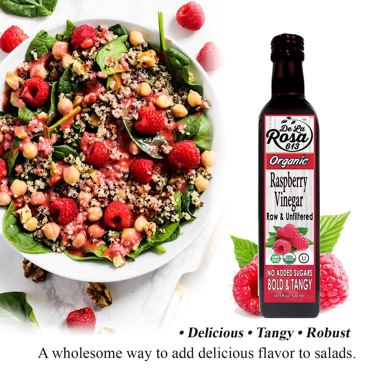De La Rosa Organic Vinegar Variety Pack, Raspberry, Pomegranate & White Balsamic Vinegar, Vegan, Kosher, Non-GMO