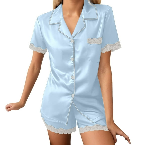 Womens Pajama Sets – Button Pajamas for Women Set Ideal for Any Season Women's Ice Silk Short Sleeve Pajamas Summer Thin Home Sleepwear Set